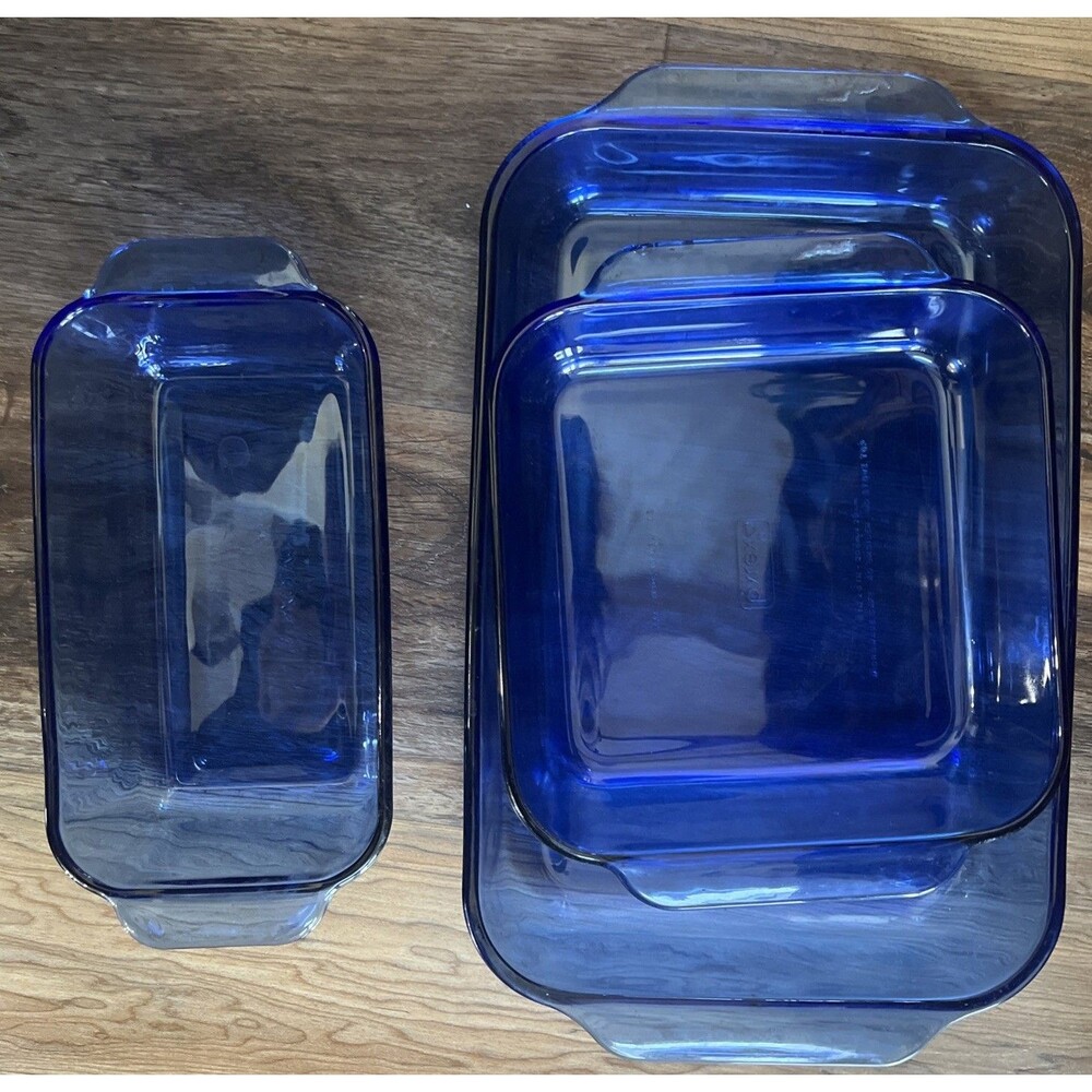Vintage Pyrex Blue Glass Baking Dish Set 222 213 Loaf Pan Ovenware USA